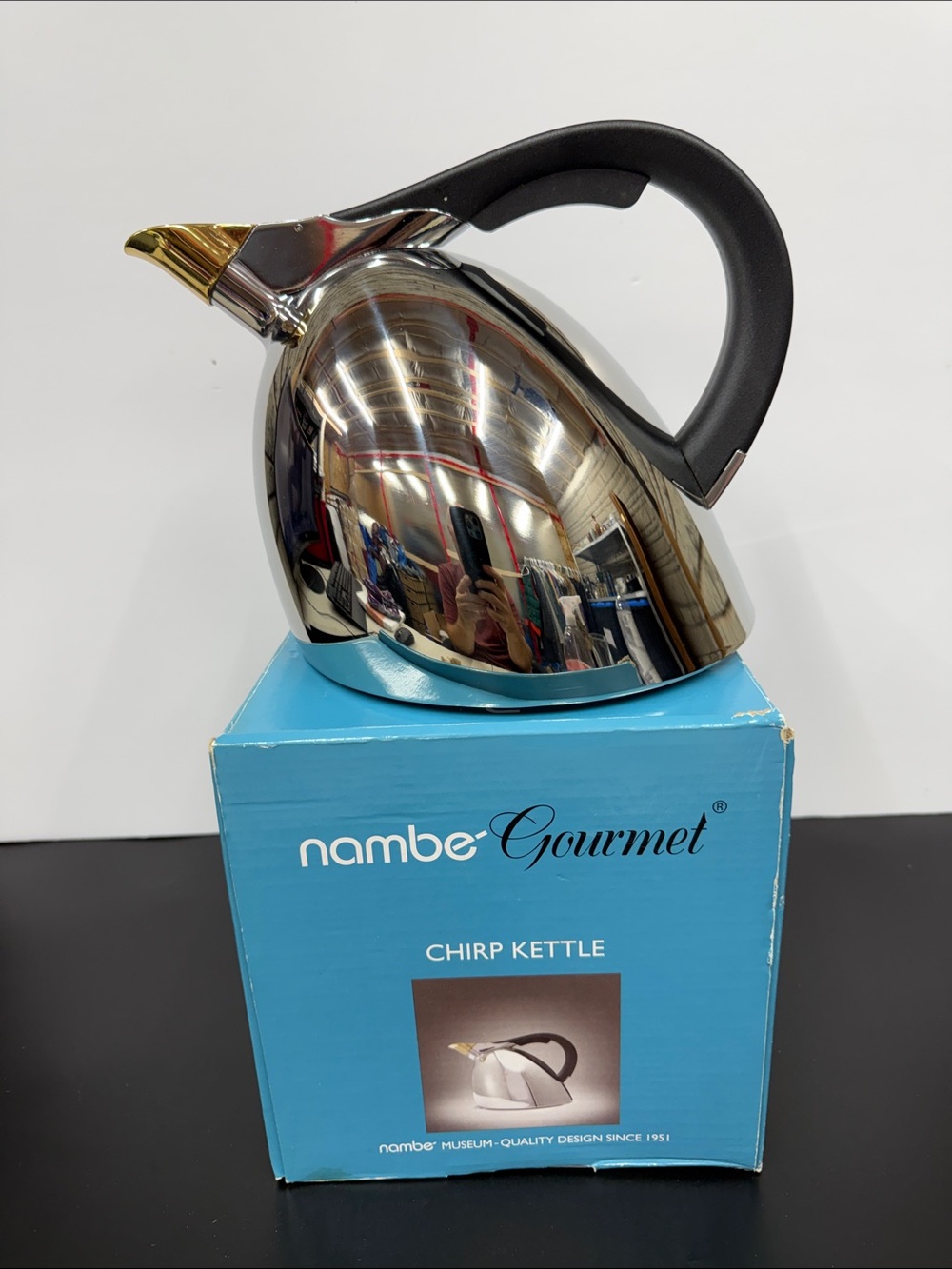 Nambe Steve Cozzolino Chirp Tea Kettle 2011 Silver & Brass Teapot Black Handle